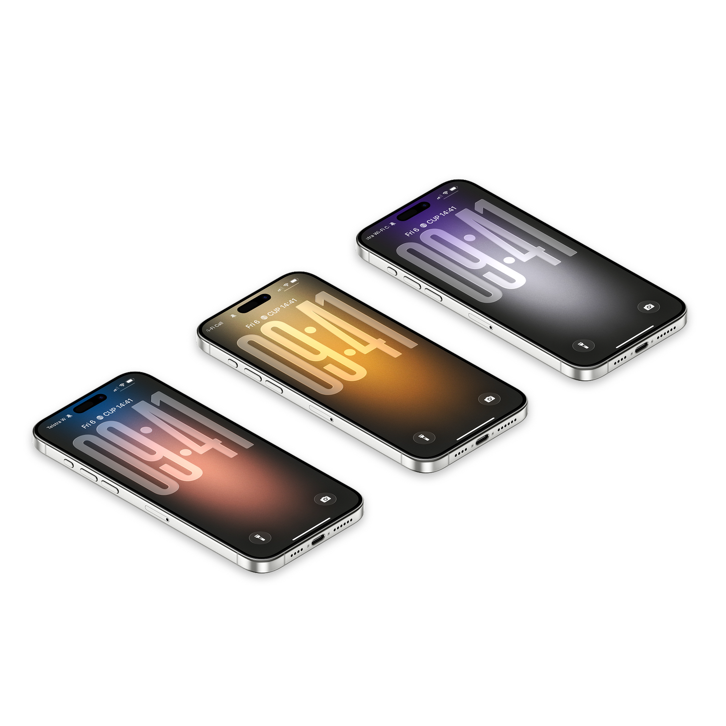 Three smartphones displaying different time and date combinations on a white background