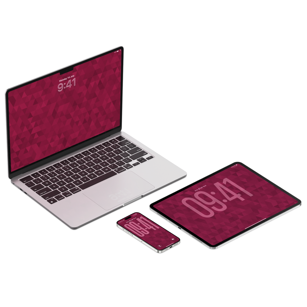 Laptop, tablet, and smartphone with a red screen displaying the time '09:41' on a white background.